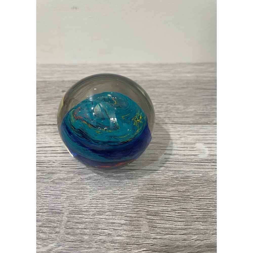 Vintage Art Glass Paperweight Blue Swirl Ocean Wave Controlled Bubble Orb